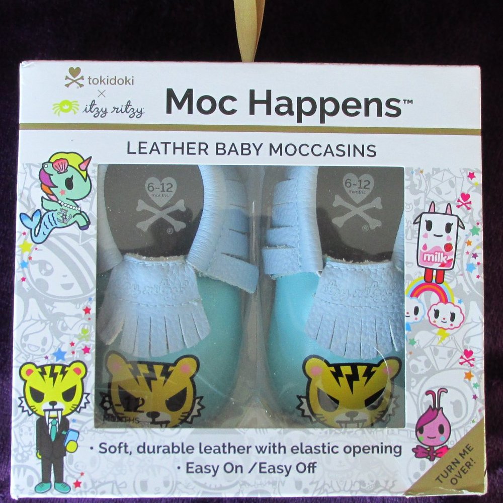 Tokidoki Itzy Ritzy Salaryman Blue Leather Baby Moccasins Size 6-12 Months
